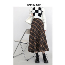 小個子棕色格子毛呢半身裙女秋冬季大碼胖mm長裙子繖裙復古中長款