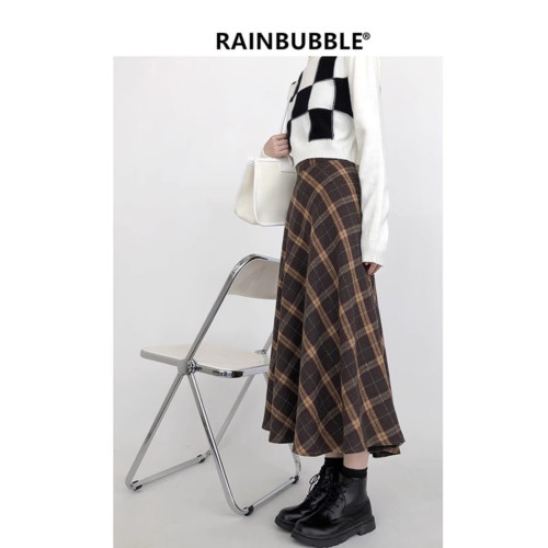 小個子棕色格子毛呢半身裙女秋冬季大碼胖mm長裙子繖裙復古中長款