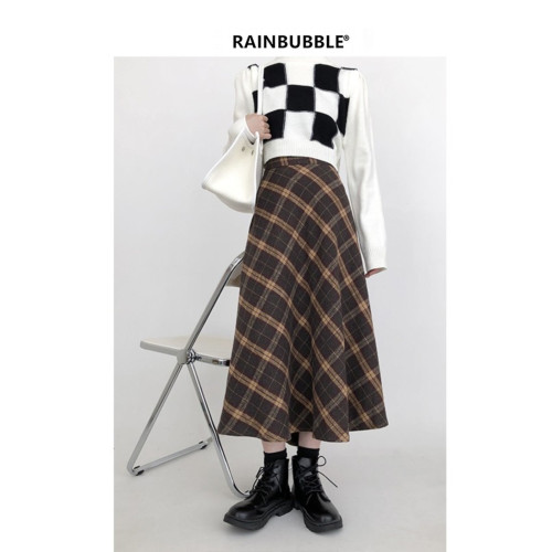 小個子棕色格子毛呢半身裙女秋冬季大碼胖mm長裙子繖裙復古中長款