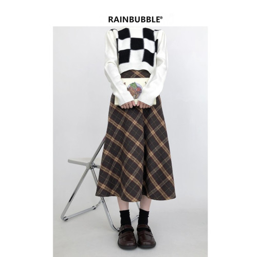 小個子棕色格子毛呢半身裙女秋冬季大碼胖mm長裙子繖裙復古中長款