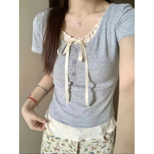 法式純欲風假兩件短袖T恤女夏季韓版修身顯瘦辣妹短款半袖上衣服