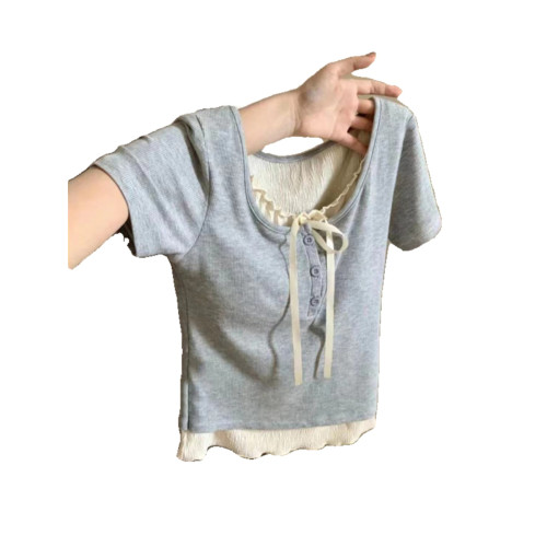 法式純欲風假兩件短袖T恤女夏季韓版修身顯瘦辣妹短款半袖上衣服