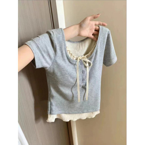 法式純欲風假兩件短袖T恤女夏季韓版修身顯瘦辣妹短款半袖上衣服