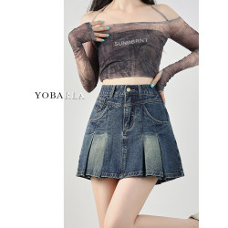 復古百褶牛仔短裙女高腰夏季新款胖mm大碼顯瘦梨形身材a字半身裙