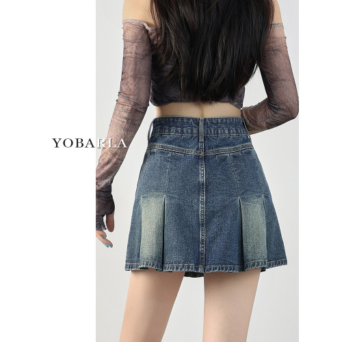 復古百褶牛仔短裙女高腰夏季新款胖mm大碼顯瘦梨形身材a字半身裙 復古百褶牛仔短裙女高腰夏季新款胖mm大碼顯瘦梨形身材a字半身裙