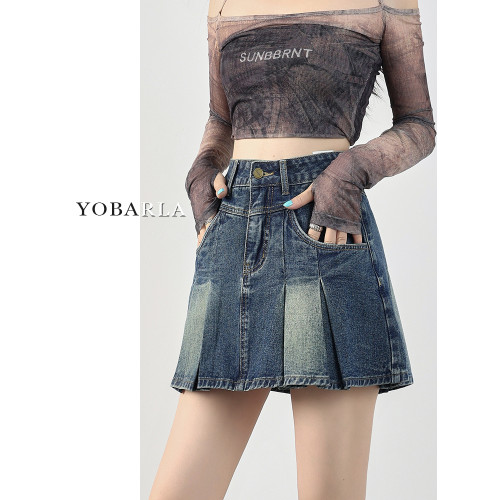 復古百褶牛仔短裙女高腰夏季新款胖mm大碼顯瘦梨形身材a字半身裙 復古百褶牛仔短裙女高腰夏季新款胖mm大碼顯瘦梨形身材a字半身裙