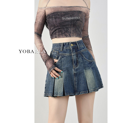 復古百褶牛仔短裙女高腰夏季新款胖mm大碼顯瘦梨形身材a字半身裙 復古百褶牛仔短裙女高腰夏季新款胖mm大碼顯瘦梨形身材a字半身裙