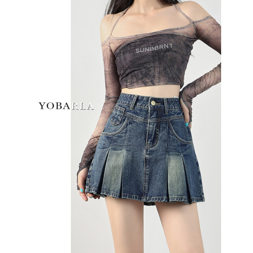 復古百褶牛仔短裙女高腰夏季新款胖mm大碼顯瘦梨形身材a字半身裙 復古百褶牛仔短裙女高腰夏季新款胖mm大碼顯瘦梨形身材a字半身裙