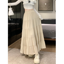 松緊腰蛋糕半身裙女春秋新款高腰顯瘦設計感拼接a字大擺繖裙長裙