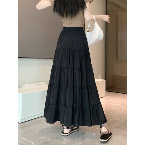 松緊腰蛋糕半身裙女春秋新款高腰顯瘦設計感拼接a字大擺繖裙長裙