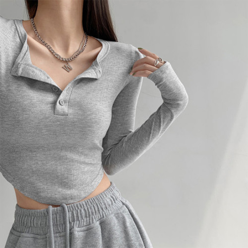 美式復古紐釦半開領長袖T恤女不規則弧形短款上衣修身打底衫春秋