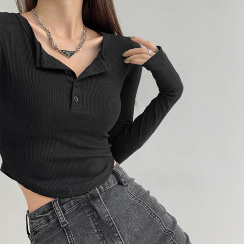 美式復古紐釦半開領長袖T恤女不規則弧形短款上衣修身打底衫春秋