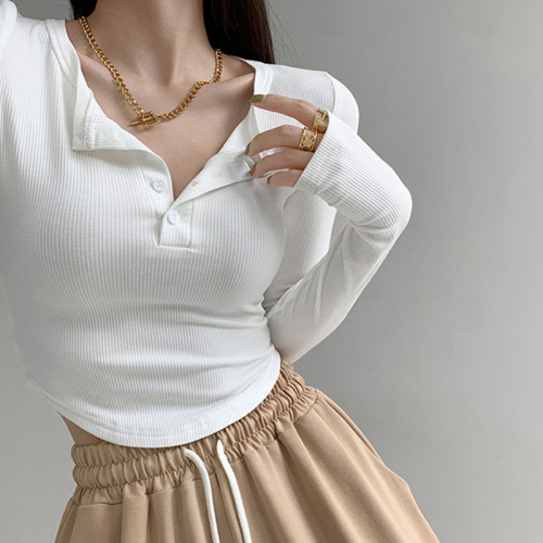 美式復古紐釦半開領長袖T恤女不規則弧形短款上衣修身打底衫春秋