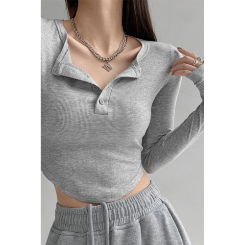 美式復古紐釦半開領長袖T恤女不規則弧形短款上衣修身打底衫春秋