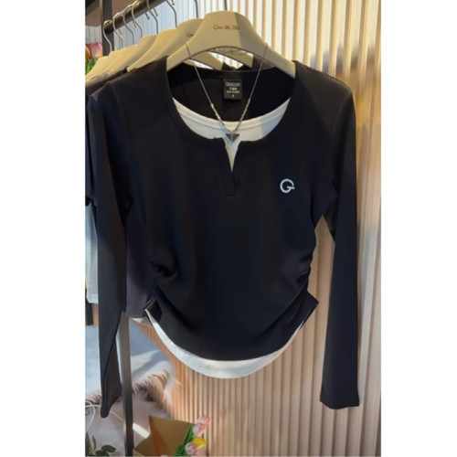 大碼女裝秋季純棉假兩件正肩長袖T恤胖mm遮肚顯瘦內搭打底衫上衣