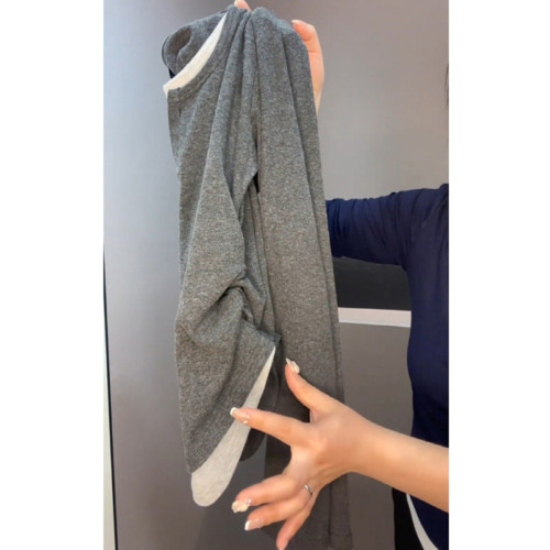 大碼女裝秋季純棉假兩件正肩長袖T恤胖mm遮肚顯瘦內搭打底衫上衣