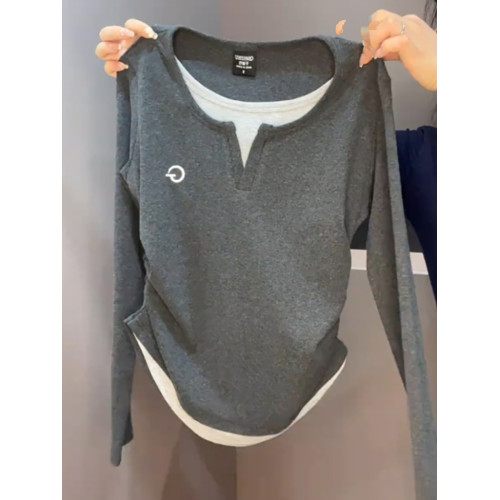 大碼女裝秋季純棉假兩件正肩長袖T恤胖mm遮肚顯瘦內搭打底衫上衣