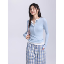 Creamsu敘白 亨利領假兩件內搭修身打底衫長袖t恤女早秋款上衣