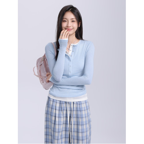 Creamsu敘白 亨利領假兩件內搭修身打底衫長袖t恤女早秋款上衣 Creamsu敘白 亨利領假兩件內搭修身打底衫長袖t恤女早秋款上衣