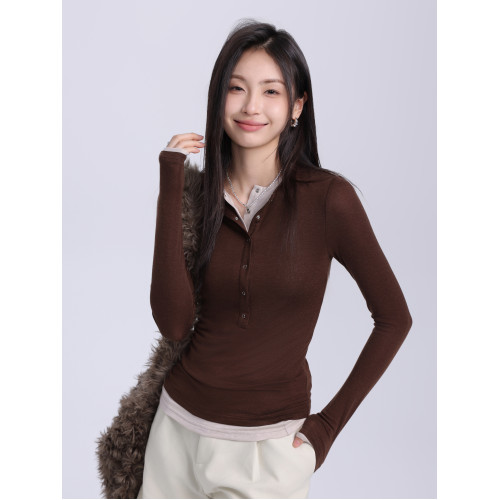 Creamsu敘白 亨利領假兩件內搭修身打底衫長袖t恤女早秋款上衣 Creamsu敘白 亨利領假兩件內搭修身打底衫長袖t恤女早秋款上衣