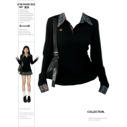 大碼韓系復古格紋拼接翻領長袖T恤女秋季新款微胖MM修身百搭上衣