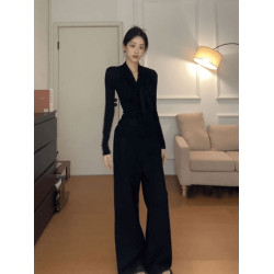 黑色V領掛脖飄帶長袖T恤女2025早秋新款內搭可外穿修身打底衫上衣