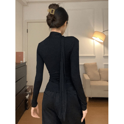 黑色V領掛脖飄帶長袖T恤女2025早秋新款內搭可外穿修身打底衫上衣