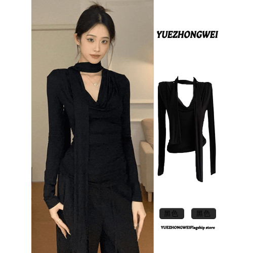 黑色V領掛脖飄帶長袖T恤女2025早秋新款內搭可外穿修身打底衫上衣