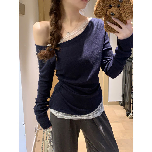 藏藍色純欲斜肩露肩修身長袖T恤女2025春秋季蕾絲打底衫上衣內搭