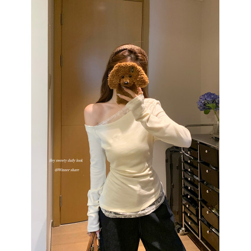 藏藍色純欲斜肩露肩修身長袖T恤女2025春秋季蕾絲打底衫上衣內搭