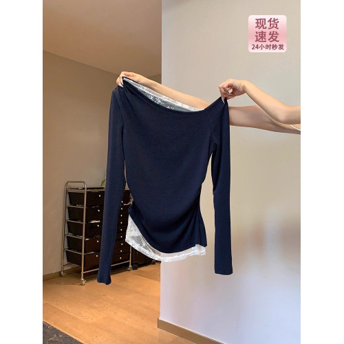 藏藍色純欲斜肩露肩修身長袖T恤女2025春秋季蕾絲打底衫上衣內搭