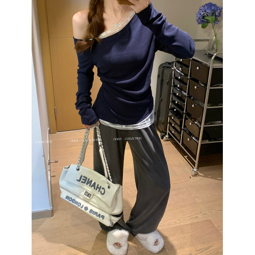 藏藍色純欲斜肩露肩修身長袖T恤女2025春秋季蕾絲打底衫上衣內搭