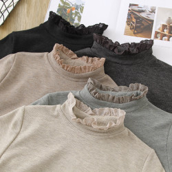 秋冬復古T恤蕾絲木耳邊心機半高領長袖修身打底衫加厚保暖內搭女