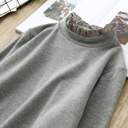 秋冬復古T恤蕾絲木耳邊心機半高領長袖修身打底衫加厚保暖內搭女