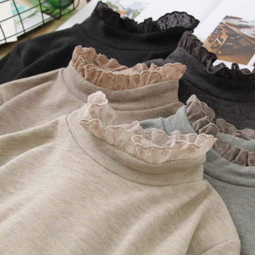 秋冬復古T恤蕾絲木耳邊心機半高領長袖修身打底衫加厚保暖內搭女