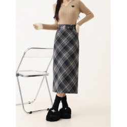 加厚毛呢格子半身裙女大碼春秋配毛衣高腰顯瘦開叉直筒包臀長裙子