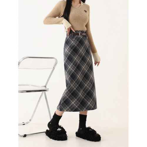 加厚毛呢格子半身裙女大碼春秋配毛衣高腰顯瘦開叉直筒包臀長裙子 加厚毛呢格子半身裙女大碼春秋配毛衣高腰顯瘦開叉直筒包臀長裙子