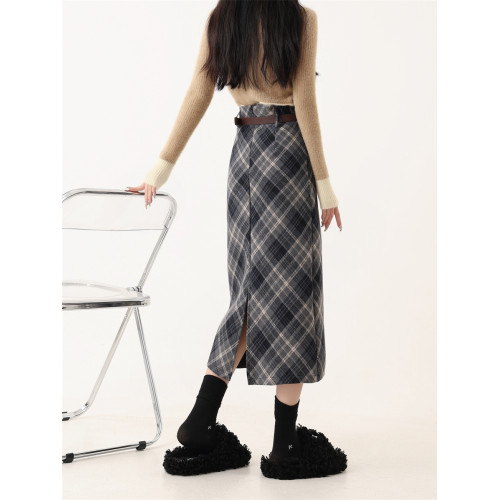 加厚毛呢格子半身裙女大碼春秋配毛衣高腰顯瘦開叉直筒包臀長裙子 加厚毛呢格子半身裙女大碼春秋配毛衣高腰顯瘦開叉直筒包臀長裙子