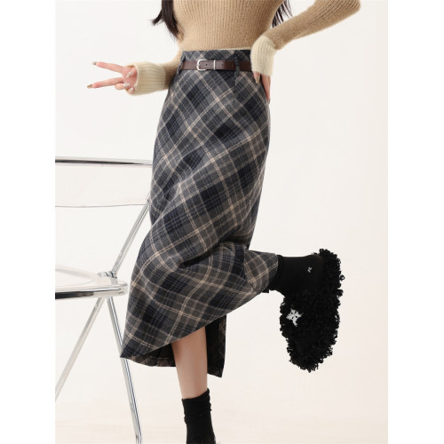 加厚毛呢格子半身裙女大碼春秋配毛衣高腰顯瘦開叉直筒包臀長裙子 加厚毛呢格子半身裙女大碼春秋配毛衣高腰顯瘦開叉直筒包臀長裙子