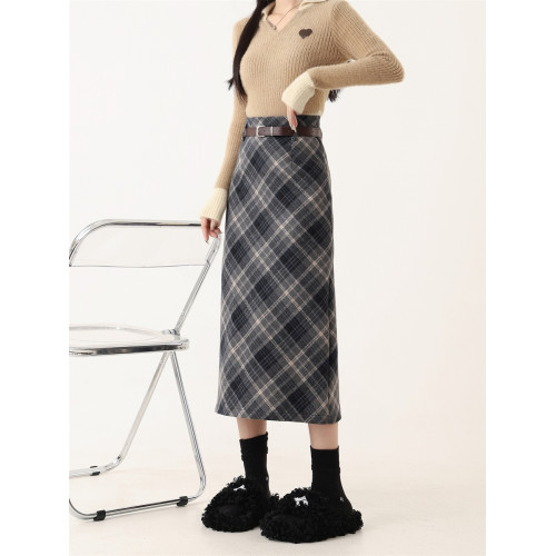 加厚毛呢格子半身裙女大碼春秋配毛衣高腰顯瘦開叉直筒包臀長裙子 加厚毛呢格子半身裙女大碼春秋配毛衣高腰顯瘦開叉直筒包臀長裙子