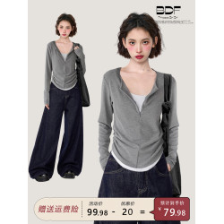 灰色假兩件v領長袖t恤女春秋早秋季修身內搭不規則打底衫短款上衣