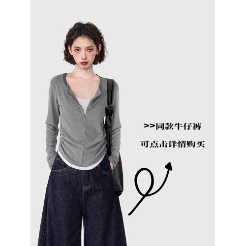 灰色假兩件v領長袖t恤女春秋早秋季修身內搭不規則打底衫短款上衣