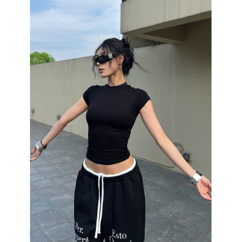 BLINGGIRLS辣妹純色百搭顯瘦高彈柔軟零束縛感緊身短袖上衣