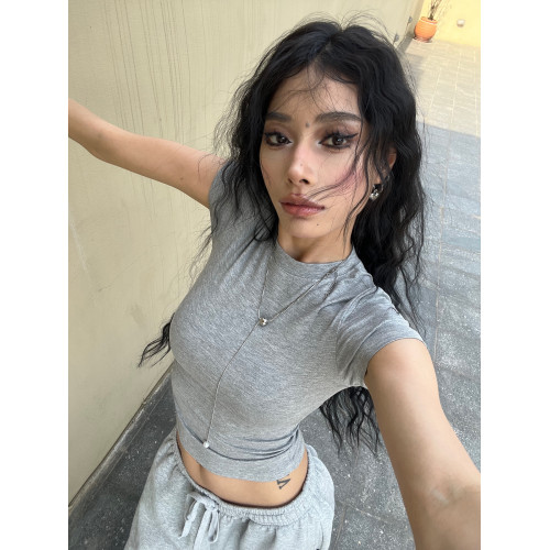 BLINGGIRLS辣妹純色百搭顯瘦高彈柔軟零束縛感緊身短袖上衣