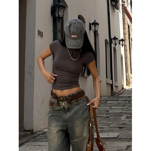 BLINGGIRLS辣妹純色百搭顯瘦高彈柔軟零束縛感緊身短袖上衣