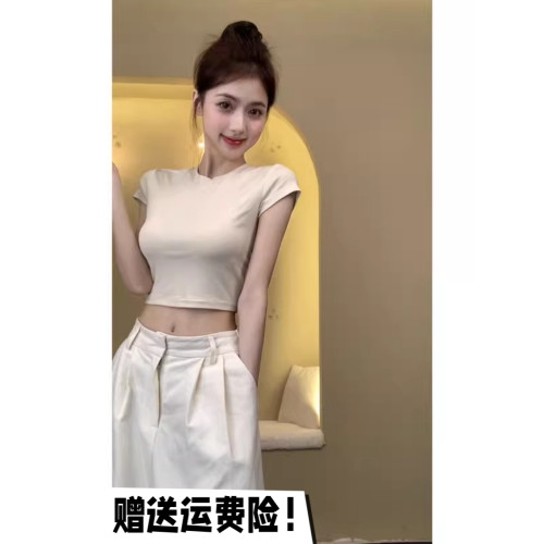正肩短袖t恤女2025新款夏季設計感小衆性感辣妹露背抽繩短款上衣