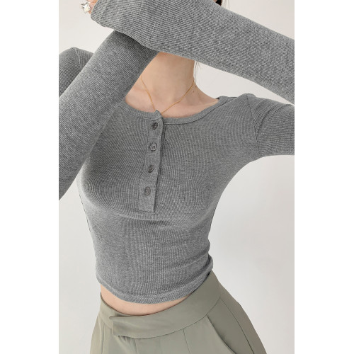 純欲風圓領單排釦長袖T恤女辣妹緊身短款上衣純色打底衫春秋冬