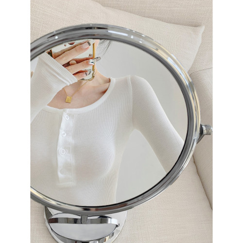 純欲風圓領單排釦長袖T恤女辣妹緊身短款上衣純色打底衫春秋冬