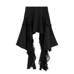 gagaopt2025夏季不規則蕾絲拼接飄帶半身裙高腰顯瘦垂感黑色A字裙