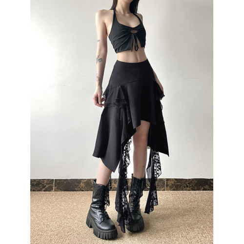 gagaopt2025夏季不規則蕾絲拼接飄帶半身裙高腰顯瘦垂感黑色A字裙 gagaopt2025夏季不規則蕾絲拼接飄帶半身裙高腰顯瘦垂感黑色A字裙